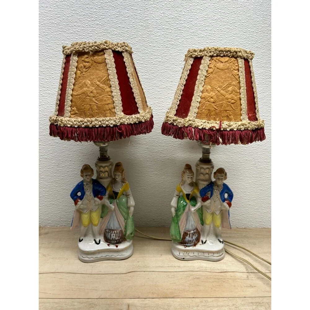 Vtg Porcelain Victorian Couple Night Stand Lamps Set Of 2 Original Shades Japan